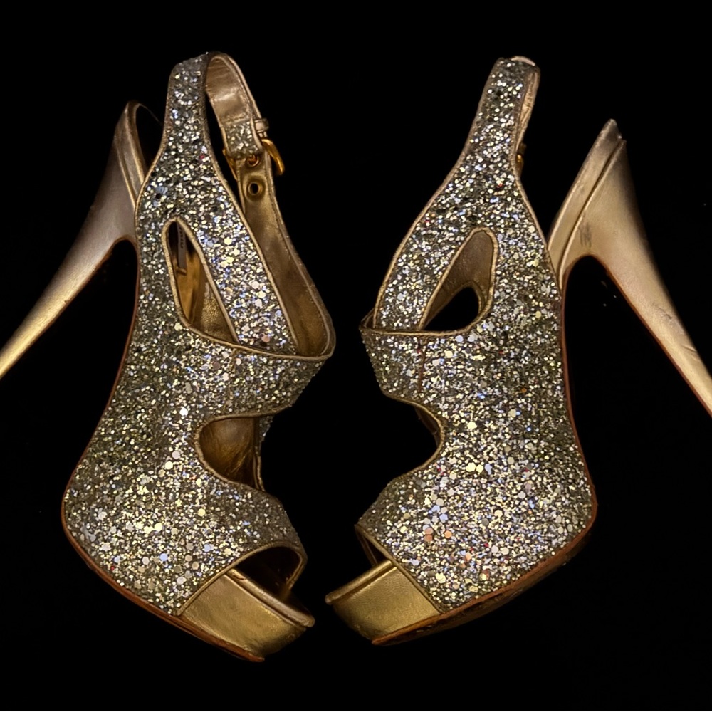 Miu Miu Gold Glitter High Heel Slingback Stilettos
